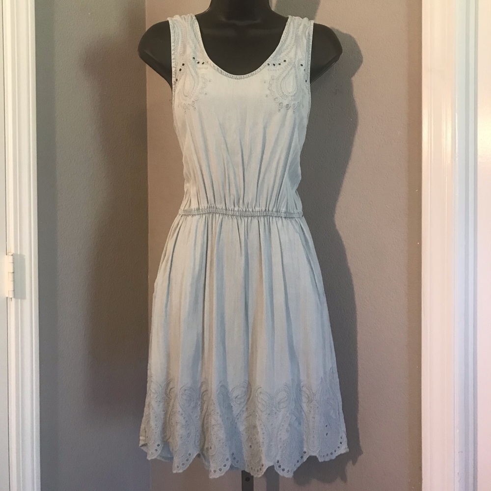 Light denim dress with adorable details, maurices